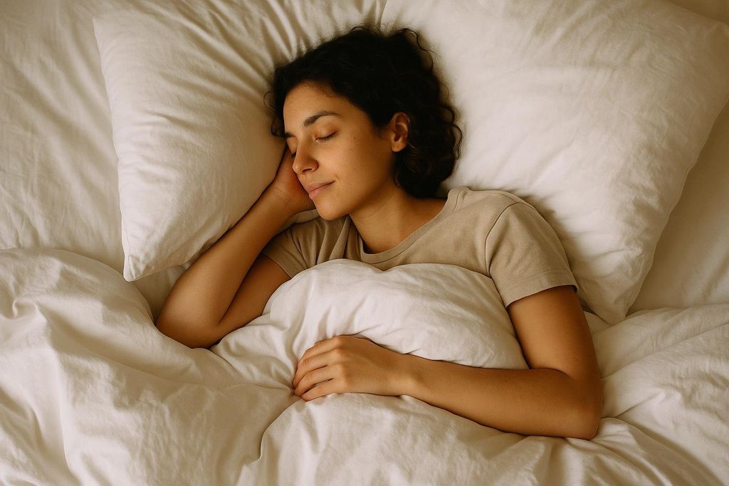 A young person with curly dark hair is sleeping peacefully on a white pillow, partially covered by white bedding. Their arm is tucked under their head, and they appear to be resting comfortably in a soft, bright bed.