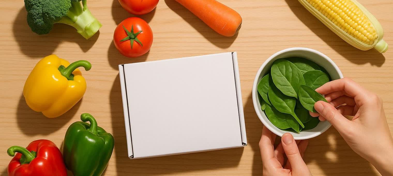 A flat lay image of various fresh vegetables, including spinach, bell peppers, tomatoes, broccoli, carrot, and corn, surrounding a white box, likely an at-home testing kit, on a wooden surface. A hand is picking up a spinach leaf from a white bowl.