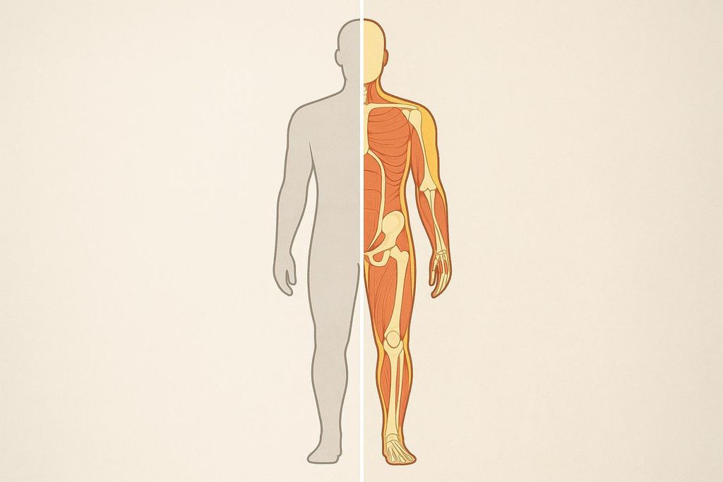 Illustration of a human body split vertically, showing external view on the left and internal anatomy (muscles and bones) on the right.