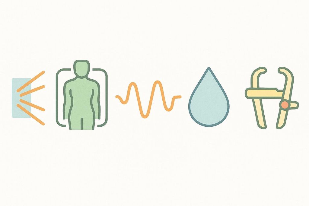 A series of five abstract icons in a row. From left to right: lines representing X-rays, a green human outline representing a 3D scan, an orange wavy line representing Bioelectrical Impedance Analysis (BIA), a blue water drop representing hydrostatic weighing, and a yellow caliper icon representing skinfold measurements.