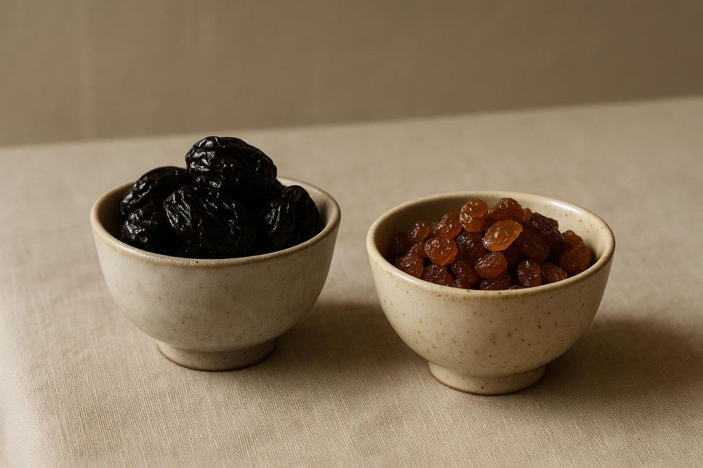 Two small ceramic bowls sit on a light-colored fabric surface. The bowl on the left is filled with dark, wrinkled prunes, and the bowl on the right contains light brown raisins.