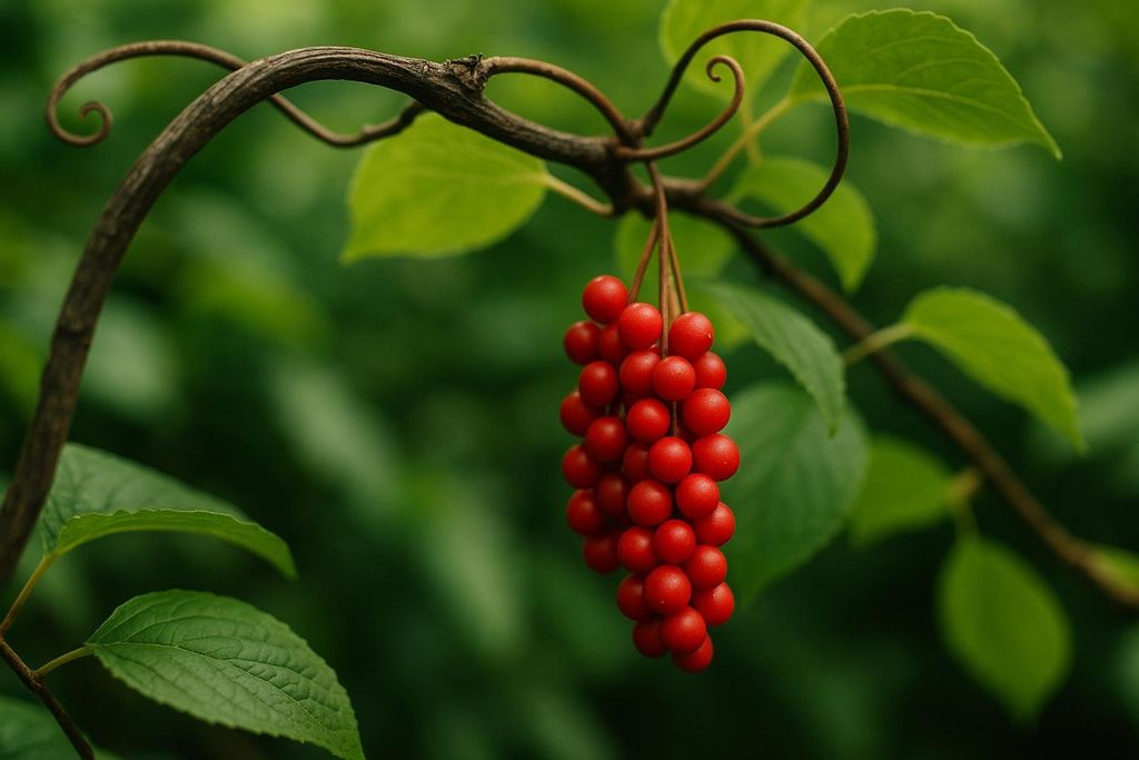 A close-up image of vibrant red Schisandra berries hanging from a slender, curling vine against a blurred green leafy background.