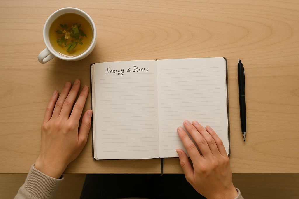 A person's hands are positioned near an open journal with 'Energy & Stress' written at the top of a page, alongside a cup of tea on a wooden desk. A black pen is also visible.