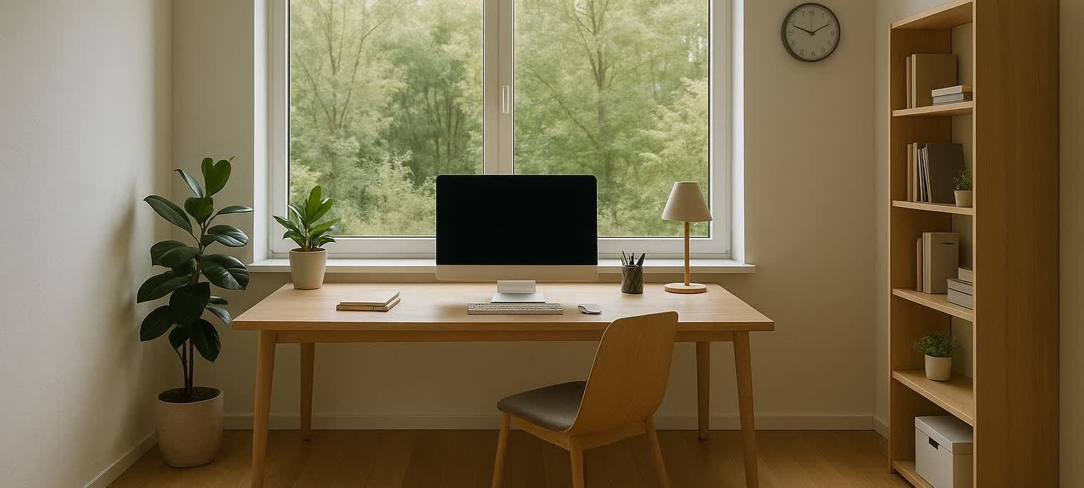A minimalist home office featuring a light wooden desk with a computer monitor, a small lamp, and two potted plants. A large window behind the desk offers a view of green trees. To the right, a matching wooden bookshelf holds books and decor. A simple wooden chair is positioned in front of the desk, completing the serene and organized workspace.