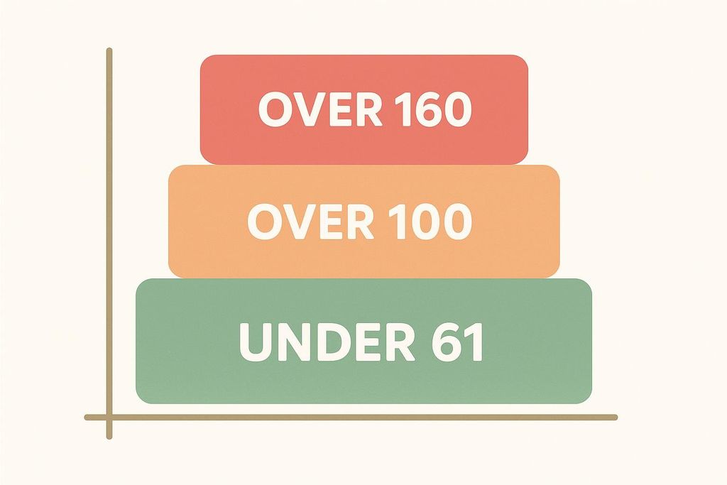 A bar chart diagram illustrating visceral fat area risk thresholds. The lowest bar, green, shows 'UNDER 61'. The middle bar, orange, shows 'OVER 100'. The top bar, red, shows 'OVER 160'.