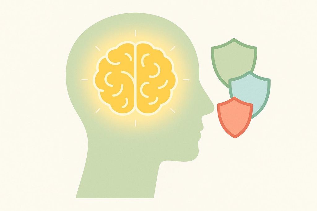 Illustration of a highlighted yellow brain inside a green head profile, with three colorful shields (red, blue, and green) floating beside it, symbolizing mental health protection.