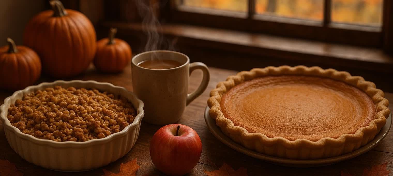 A warm, inviting scene shows a pumpkin pie and an apple crisp on a wooden table, alongside a steaming mug, a red apple, and decorative pumpkins, evoking a cozy autumn feeling.