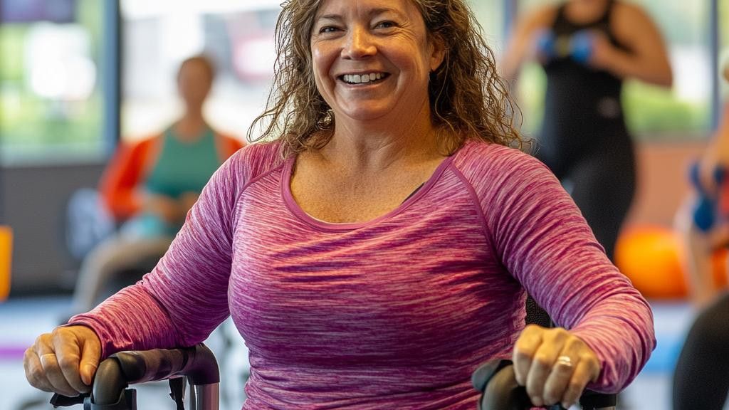 A woman with shoulder-length brown hair smiles while exercising in a group.