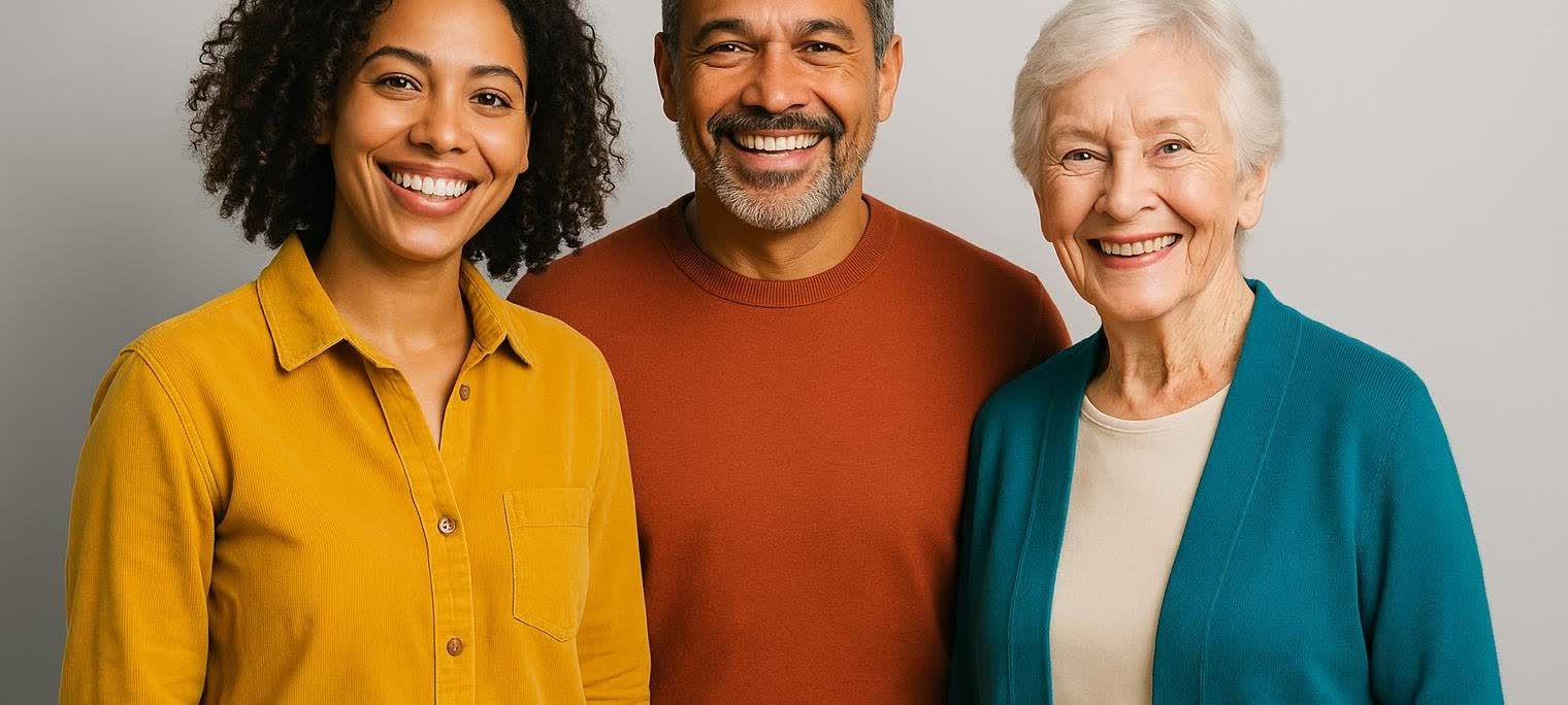 A close-up of three smiling adults of varying ages and ethnicities standing together. On the left is a young Black woman with curly hair wearing a mustard-yellow shirt. In the center is a middle-aged Hispanic man with a beard wearing an orange-brown shirt. On the right is an older white woman with white hair wearing a teal cardigan over a cream top.