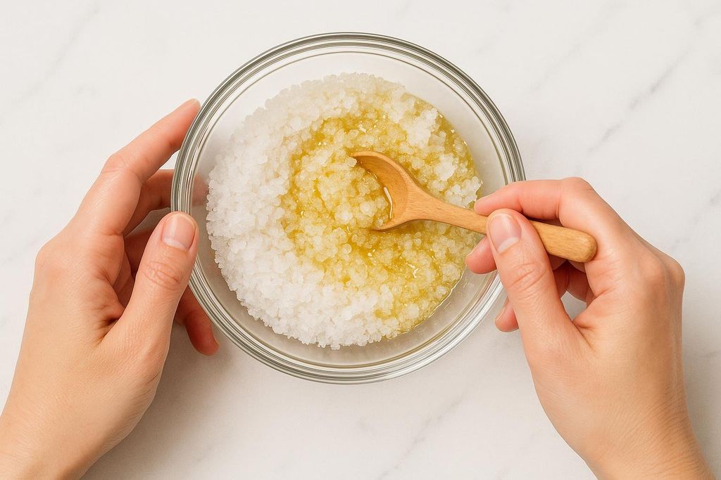 Close-up of hands mixing white Epsom salt and yellow carrier oil in a clear glass bowl with a wooden spoon to create a homemade body scrub, set on a white marble surface.