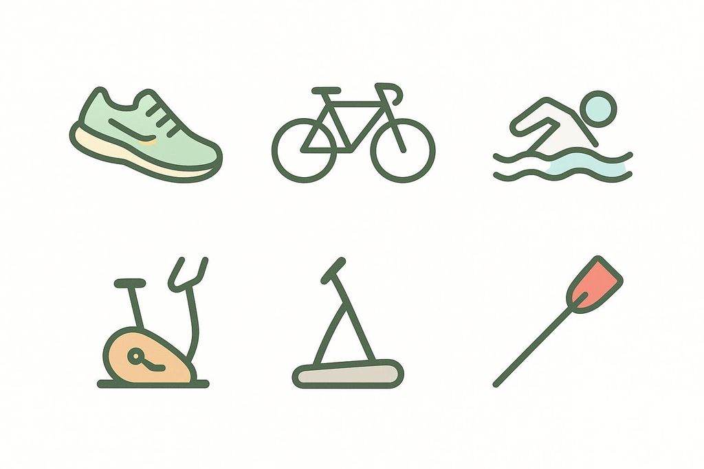 Icons representing six common cardio exercises: a running shoe for walking/running, a bicycle for cycling, a person swimming in water for swimming, a stationary bike for indoor cycling, an elliptical machine for elliptical training, and an oar for rowing.