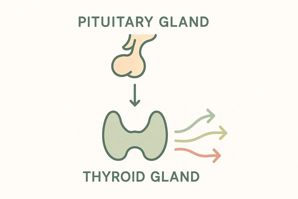 A simple diagram showing the pituitary gland signaling the thyroid gland to release hormones, depicted by arrows pointing from the pituitary to the thyroid, and then colored arrows indicating hormone release from the thyroid.