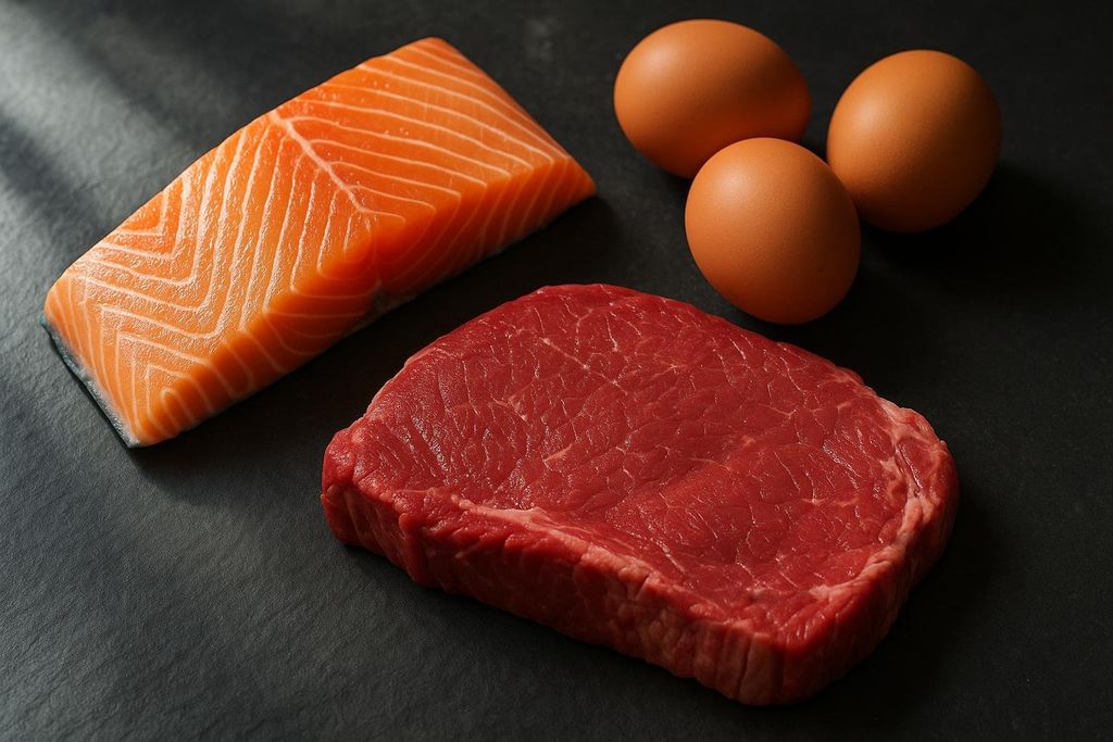 A raw salmon steak, a raw beef steak, and three brown eggs arranged on a dark, textured surface, showcasing high-protein foods.