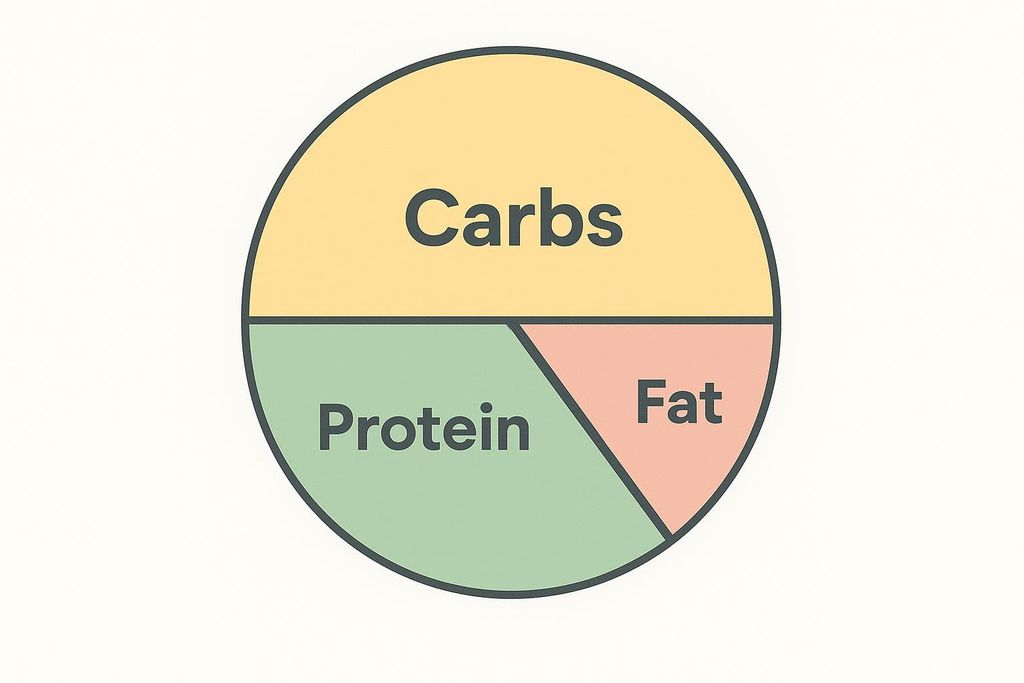 A circular diagram segmented into three sections. The top half is labeled 'Carbs' in yellow. The bottom left quarter is labeled 'Protein' in green. The bottom right quarter is labeled 'Fat' in a light orange.