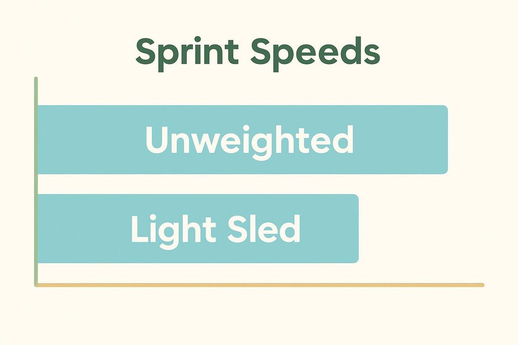 A bar chart titled 'Sprint Speeds' comparing 'Unweighted' and 'Light Sled' sprint speeds. The 'Unweighted' bar is longer than the 'Light Sled' bar, indicating faster speeds for unweighted sprints.