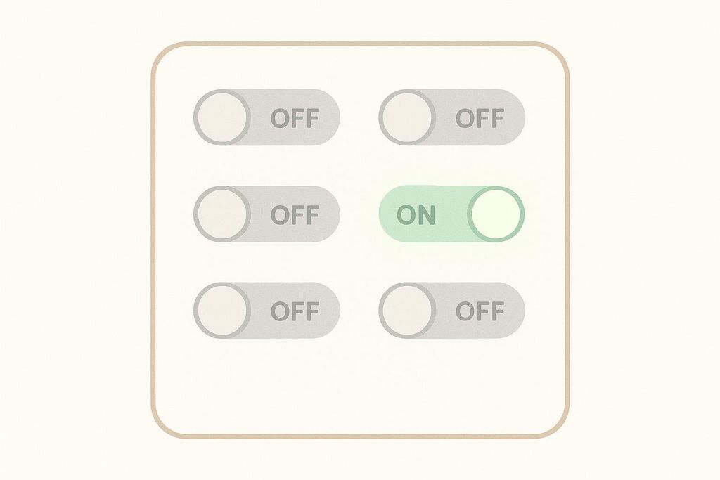 An illustration of six toggle switches arranged in two columns of three. Five of the switches are in the 'OFF' position, and one switch on the right side of the middle row is in the 'ON' position, highlighted in green. This image symbolizes changing only one variable at a time in an experiment.