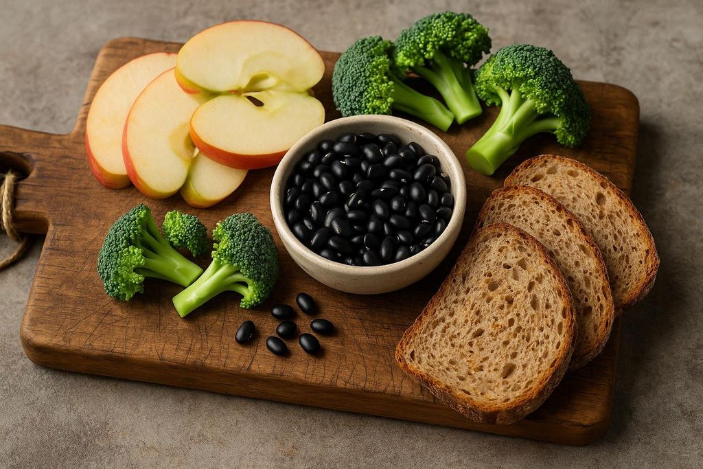 A wooden cutting board displaying a selection of high-fiber foods including sliced apples, broccoli florets, a bowl of black beans, and three slices of whole-grain bread.