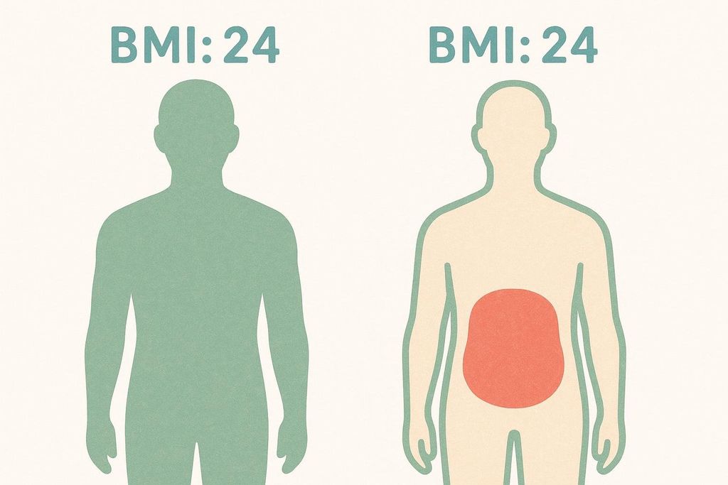 Illustration showing two figures with a BMI of 24. The figure on the left is green and represents a muscular build. The figure on the right is cream coloured with a large red circle in the abdominal area, representing high visceral fat.