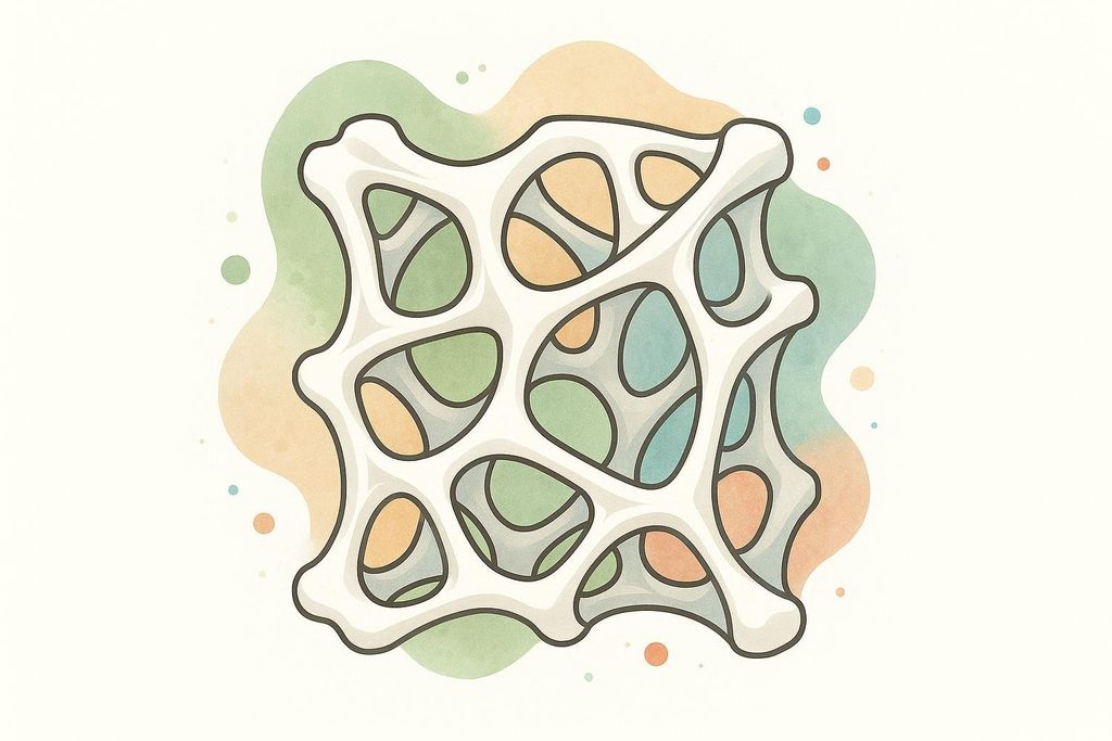 An abstract illustration depicting a white, organic, mesh-like structure with voids filled with soft watercolor-like splotches of green, orange, and blue. The overall image represents healthy bone density.