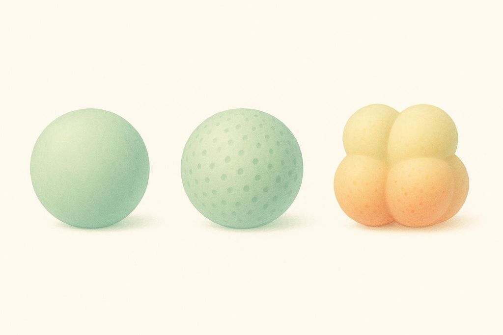 Three spheres representing the progression of lipedema. The first sphere is smooth and light green. The second sphere is also light green but has a bumpy texture with small indentations. The third object is composed of four interconnected spheres, two golden-yellow on top and two light orange on the bottom, with a bumpy, dimpled texture.
