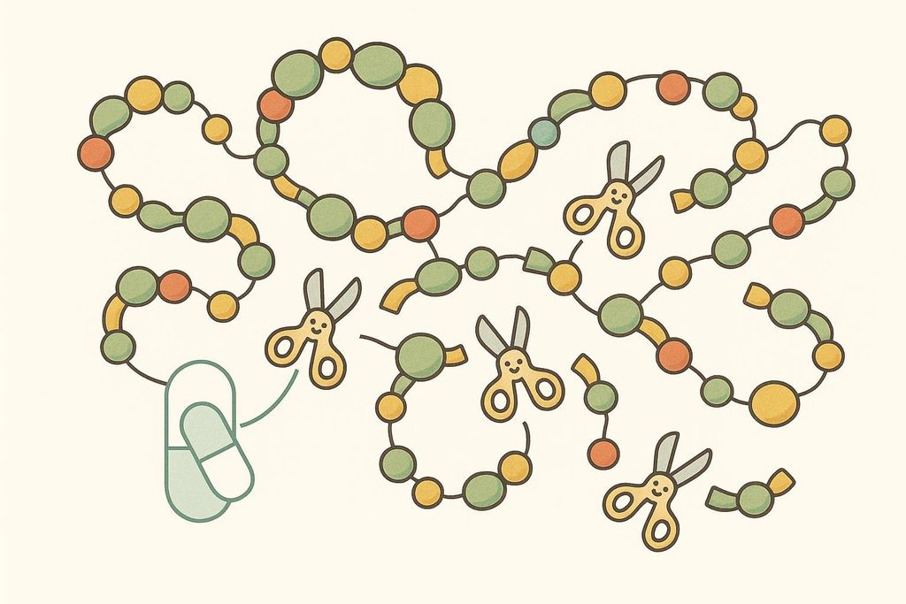 An illustration showing small cartoon scissors, some with smiley faces, cutting into and breaking apart a large, complex food molecule represented by connected colored circles. To the left, a pill-shaped symbol is connected to one of the scissors, suggesting a medical or dietary aid.
