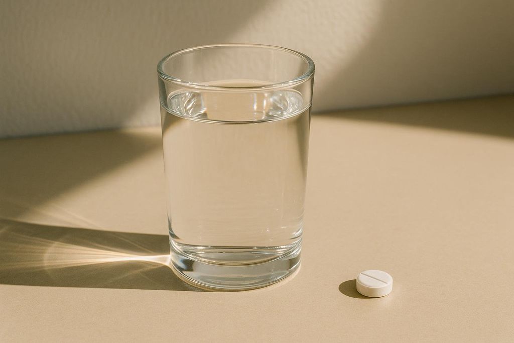 A glass of water next to a calcium pill.
