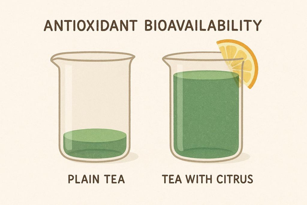 An illustration with two beakers demonstrating antioxidant bioavailability. The beaker labeled 'PLAIN TEA' is nearly empty, while the beaker labeled 'TEA WITH CITRUS' is almost full and has an orange slice on its rim, indicating higher antioxidant bioavailability when tea is consumed with citrus.