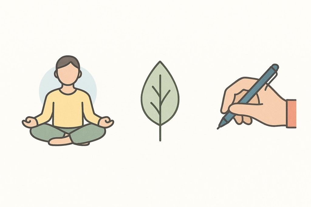 Minimalist icons representing self-care activities: a person meditating, a green leaf symbolizing nature, and a hand writing with a pen, suggesting journaling.
