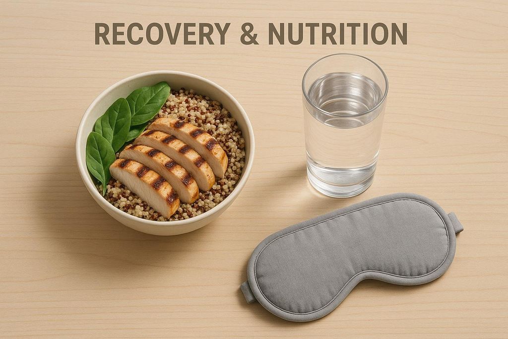 A flat lay image of a balanced meal in a bowl, a glass of water, and a gray sleep mask on a light wooden surface. Text overlays the image stating 'RECOVERY & NUTRITION', representing key elements for well-being.