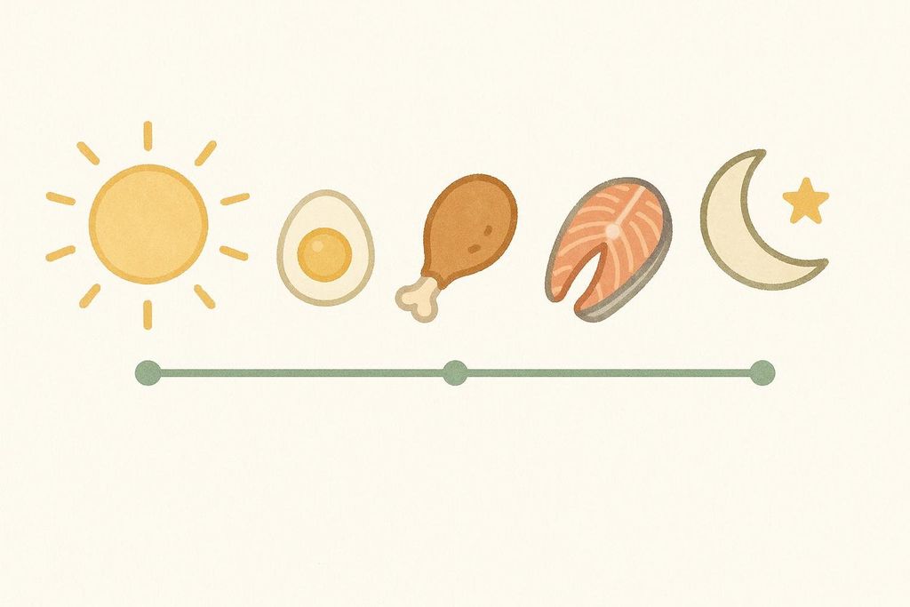 A timeline graphic with a sun on the far left and a moon and star on the far right, bookending icons of protein-rich foods: a hard-boiled egg, a chicken drumstick, and a salmon fillet. The icons are evenly spaced along the timeline, illustrating even protein distribution throughout the day.