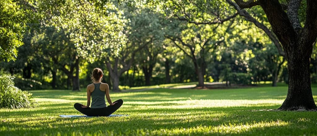 A wide shot from the back of a woman meditating on a blue yoga mat in a park at sunset. Sunlight streams through the trees in the background.
