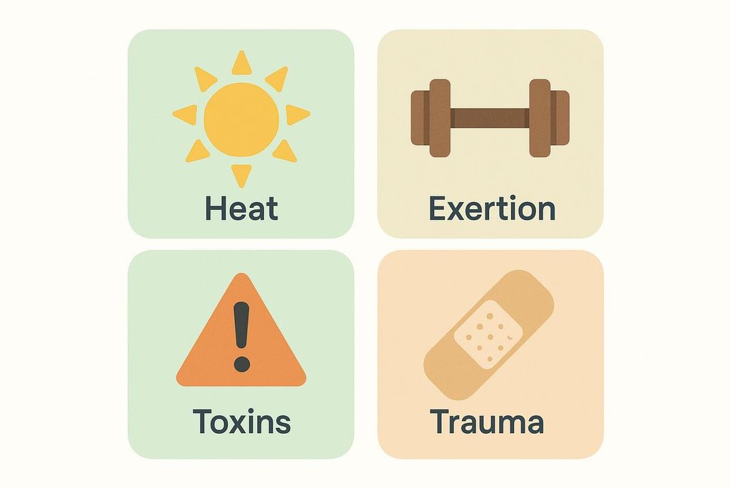 Grid diagram showing common risk factors for rhabdomyolysis: heat, exertion, toxins, and trauma