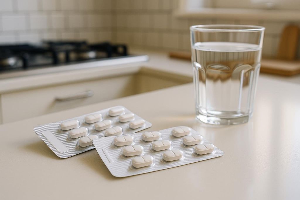 Over-the-counter pain relief medication in blister packs next to a glass of water on a counter.