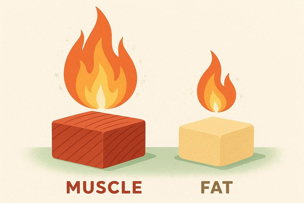 Illustration comparing muscle and fat burning calories at rest. A larger flame sits above a red block labeled "MUSCLE", and a smaller flame sits above a yellow block labeled "FAT".