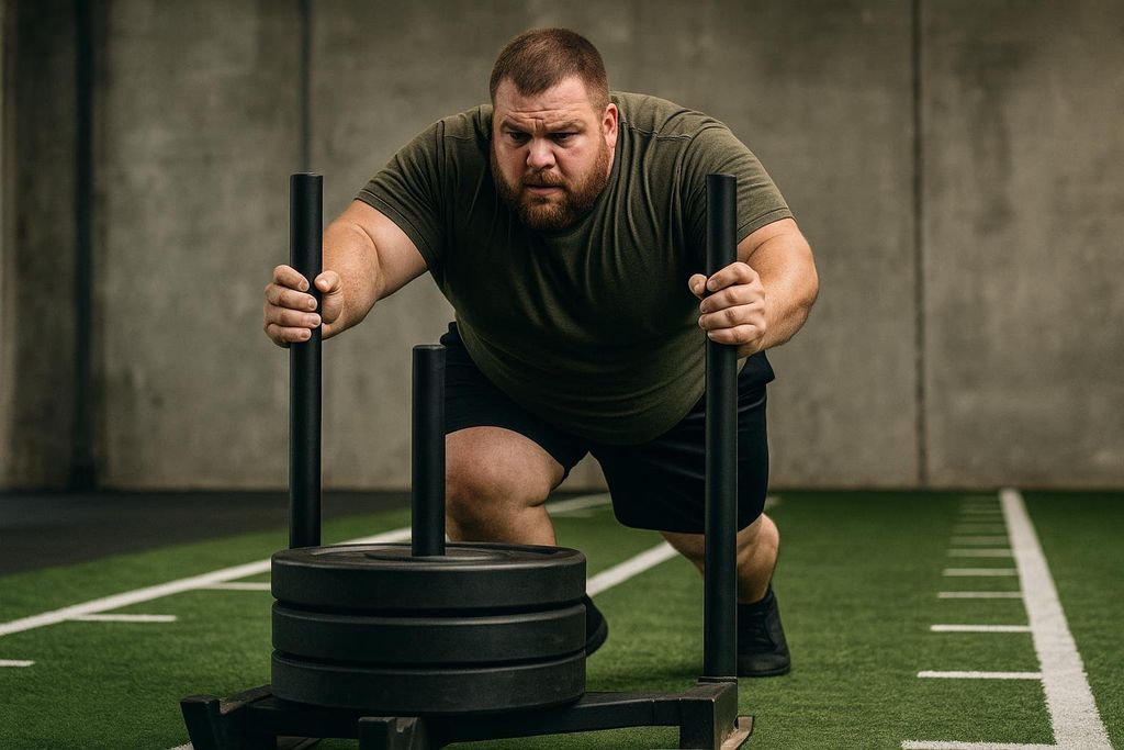A stocky, powerful man with a beard and an olive green t-shirt pushes a weighted sled across a green turf indoor gym with white lines on the floor.