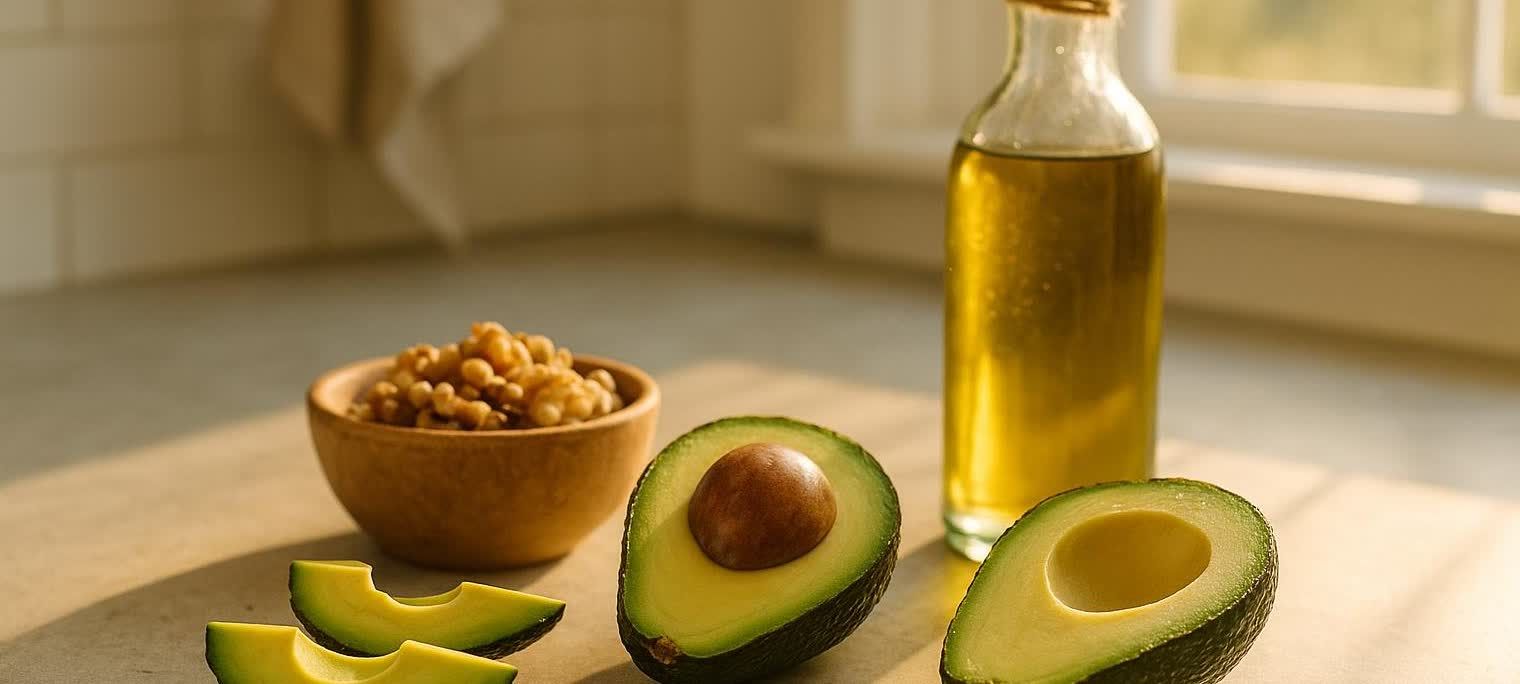 Avocados, walnuts, and olive oil arranged on a kitchen counter bathed in warm sunlight.