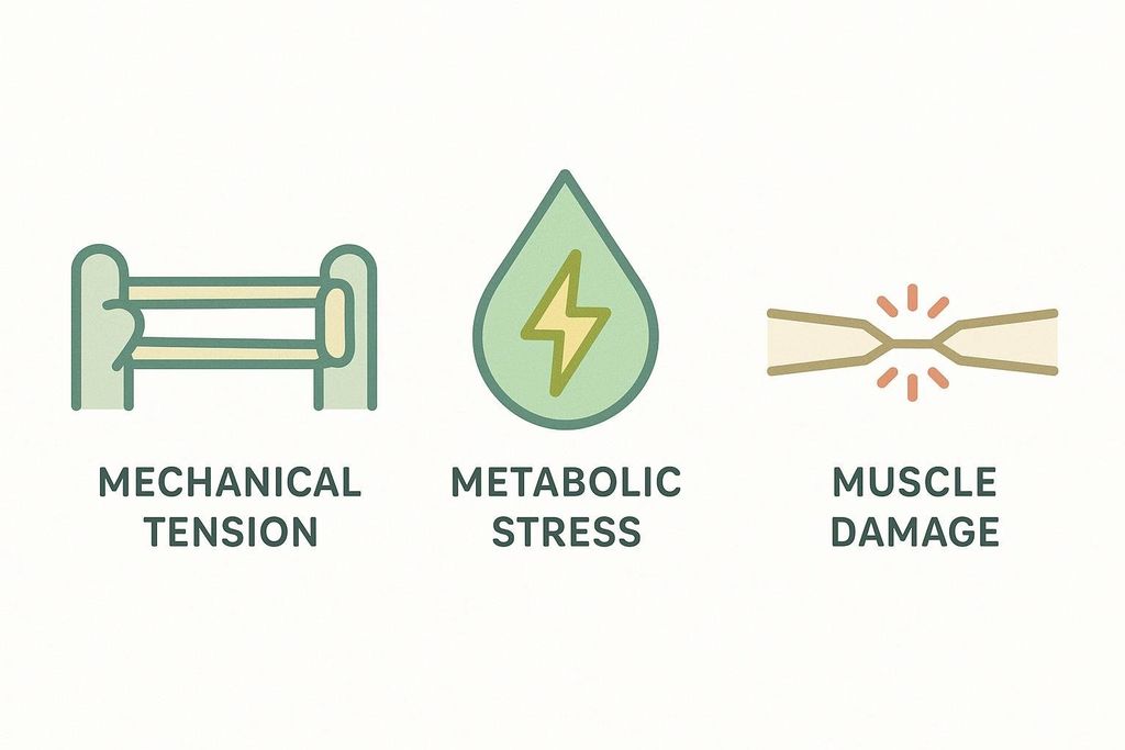Three icons representing the drivers of muscle growth: a stretched band for mechanical tension, a sparkling droplet for metabolic stress, and a broken and repaired line for muscle damage.