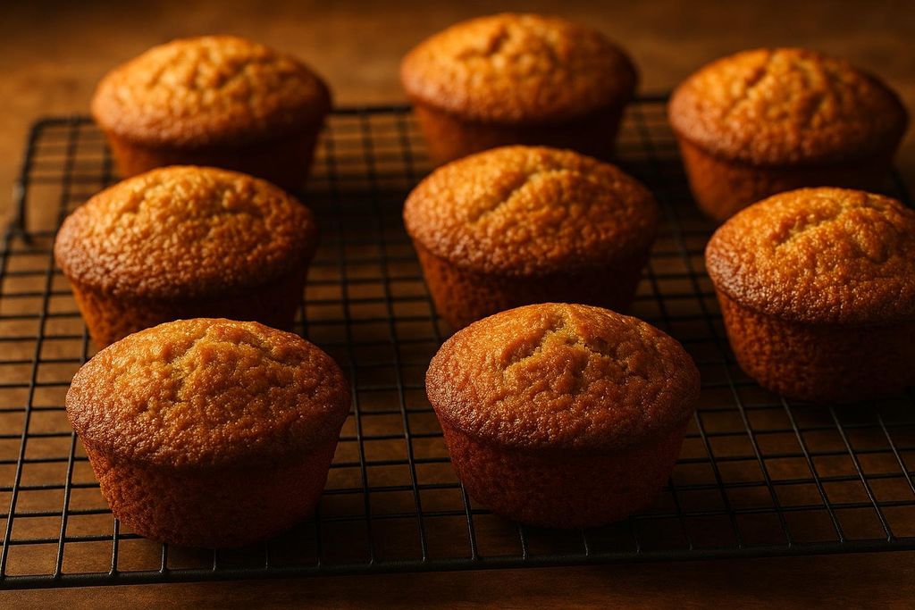 Several golden brown muffins are cooling on a black wire rack against a rustic wooden background. The muffins are evenly baked with slightly cracked tops, indicating a fluffy texture.