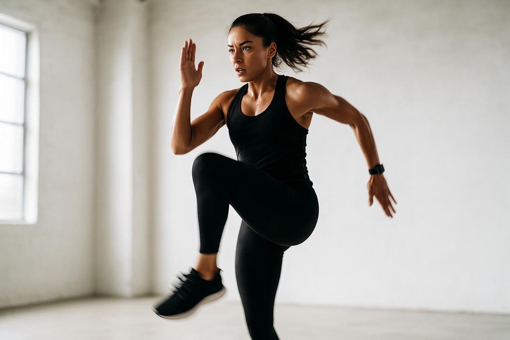 An athletic woman in a black tank top and leggings performs a high knees exercise in a brightly lit room, arms pumping and hair flying.