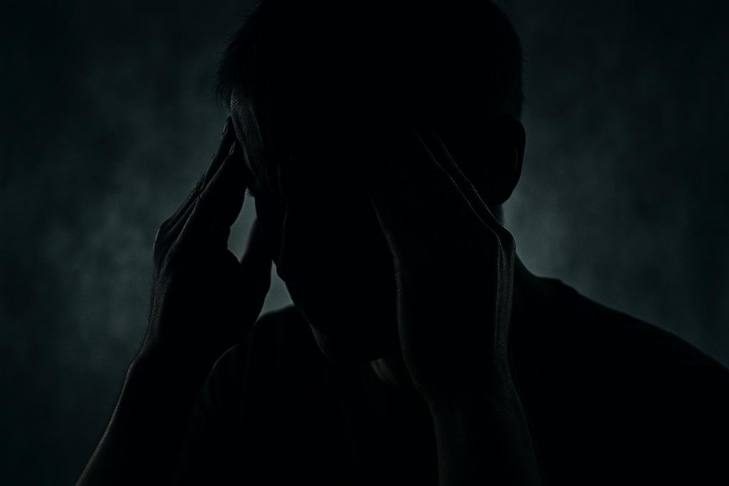 A dark silhouette of a person holding their head with their hands, conveying tension, stress, or headache on a dark, textured background.