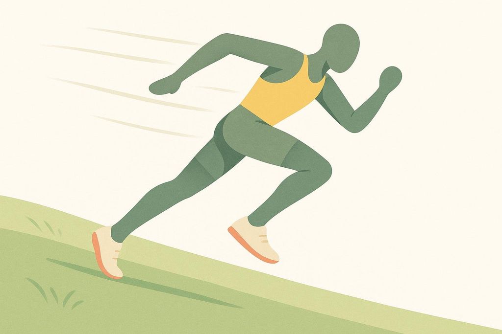 An illustration of an athlete running downhill, depicting overspeed training. The runner is shown in a dynamic pose with motion lines, wearing a yellow top and green shorts, on a light green grassy slope.
