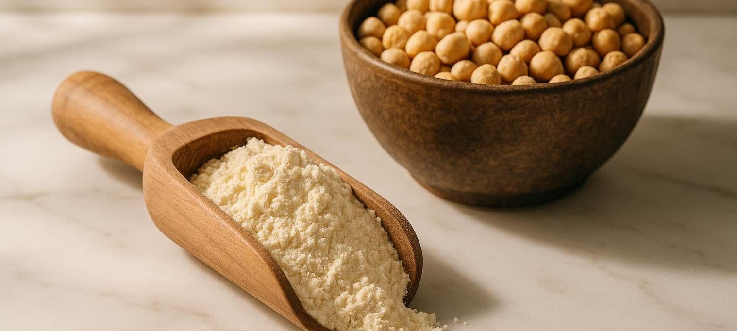 A rustic wooden scoop overflowing with light yellow chickpea protein powder, with some spilling onto a light-colored surface. In the background, a dark wooden bowl is filled with raw, whole chickpeas.