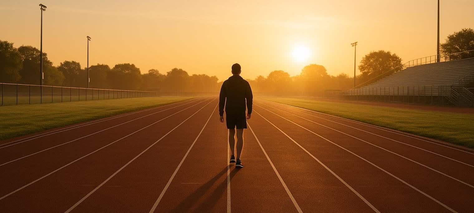 A person walks alone on an empty running track at sunrise, with the sun low on the horizon casting a warm, golden glow.