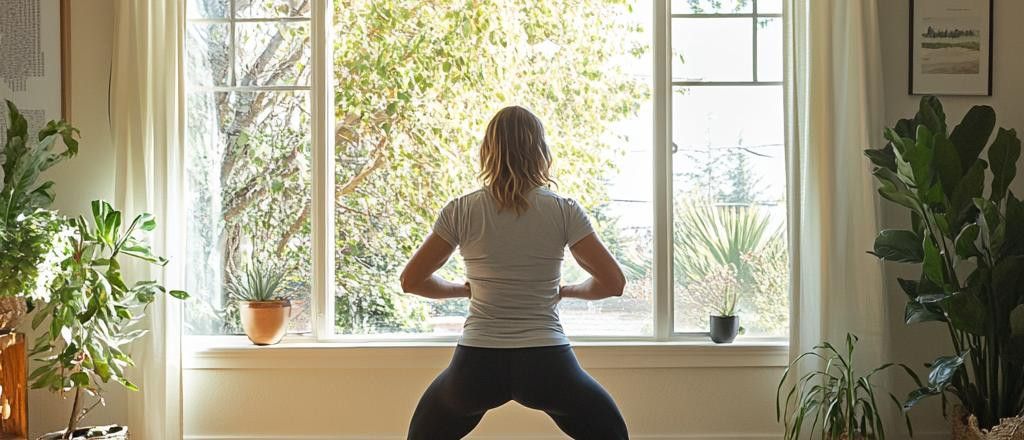 A woman faces a large window while performing a wide squat, her hands clasped behind her back. Potted plants sit on the windowsill and on the floor around her.