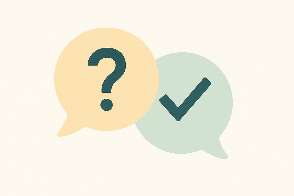 An illustration features a yellow speech bubble with a dark question mark overlapping a teal speech bubble with a dark checkmark. This image represents a Q&A or question and answer section.