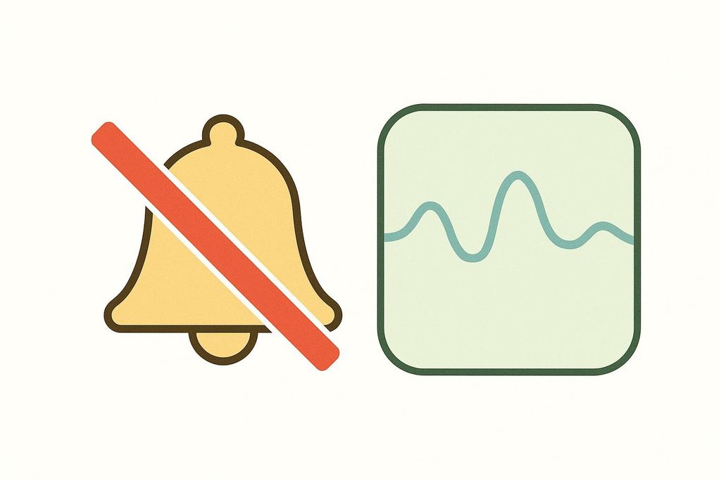 An icon of a bell with a slash through it, indicating that the Stelo glucose sensor does not have alarms. To its right is a rounded square with a wavy line inside, representing a glucose monitoring graph.