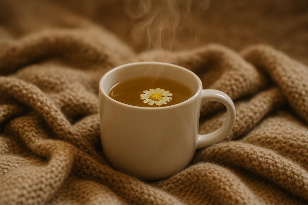A white mug of steaming tea, with a single chamomile flower floating on top, rests on a cozy, brown knitted blanket.