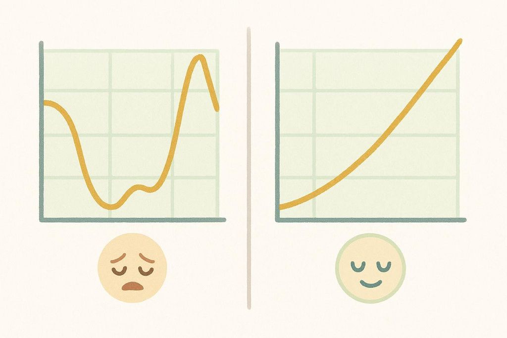 An illustration comparing the classic energy-depleting carb load protocol with the simpler modern protocol using simple graphs and icons. The left side shows a volatile energy graph with a sad face, while the right side shows a steady upward energy graph with a happy face.