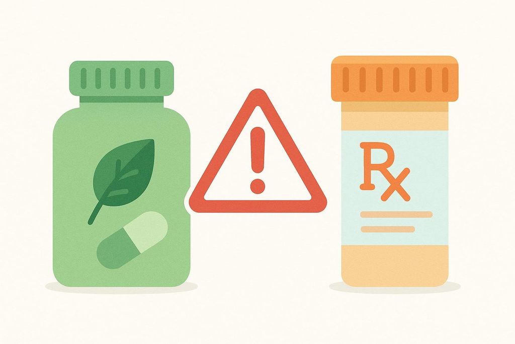 A graphic depicting a green bottle with a plant leaf and capsule icon (representing natural supplements or Vitamin K), a red warning triangle, and an orange prescription pill bottle with an Rx symbol. This illustrates a potential interaction or warning between supplements/Vitamin K and prescription medication.