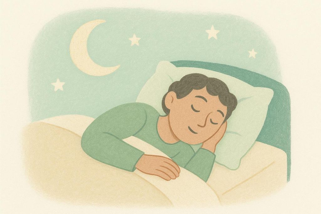 Stylized illustration of a person sleeping peacefully in bed under a starry night sky with a crescent moon, promoting sleep for recovery.